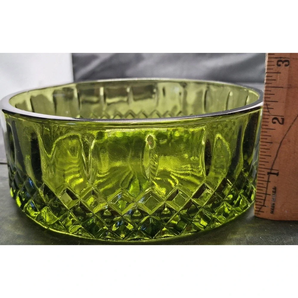 Vintage Olive Green Pressed Glass Candy Dish Lid Diamond Point Thumbprint Jar